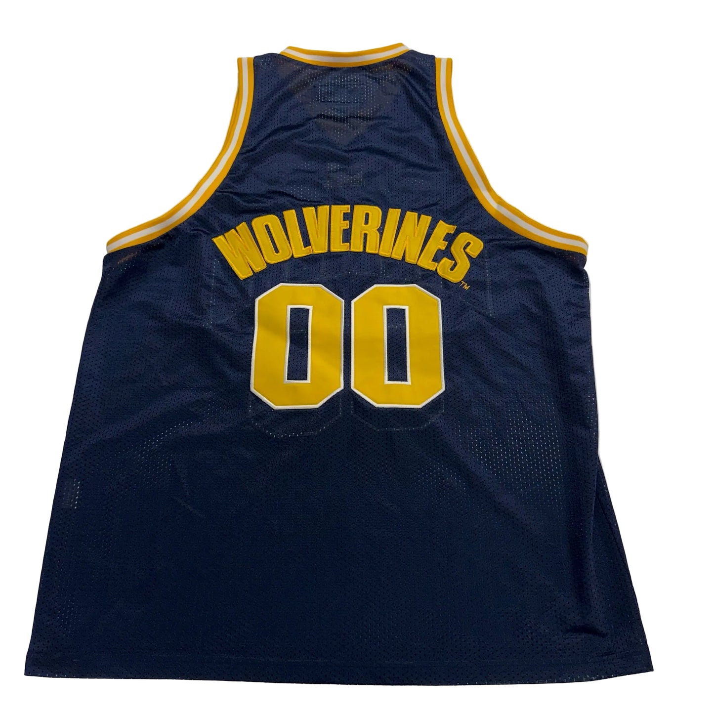Navy blue basketball jersey with 'Wolverines' and number '00' on a white background