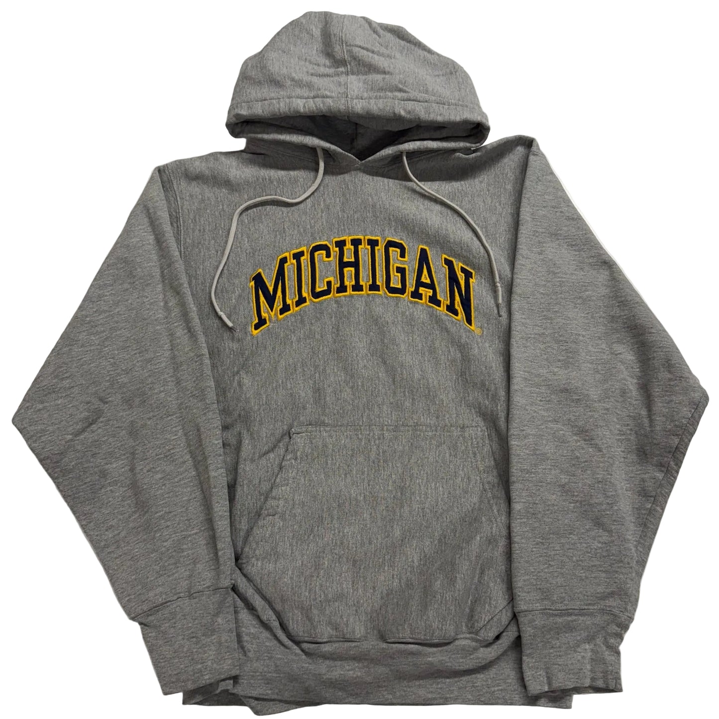Gray hoodie with 'MICHIGAN' printed in yellow on a white background