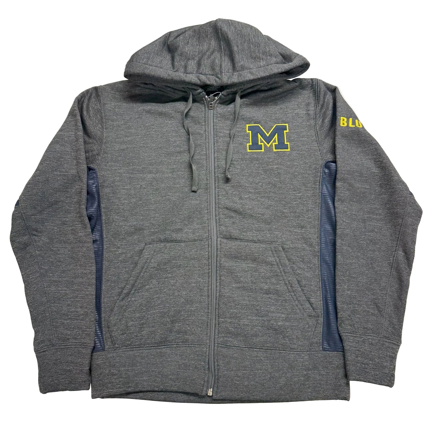 Gray hoodie with a logo on a white background