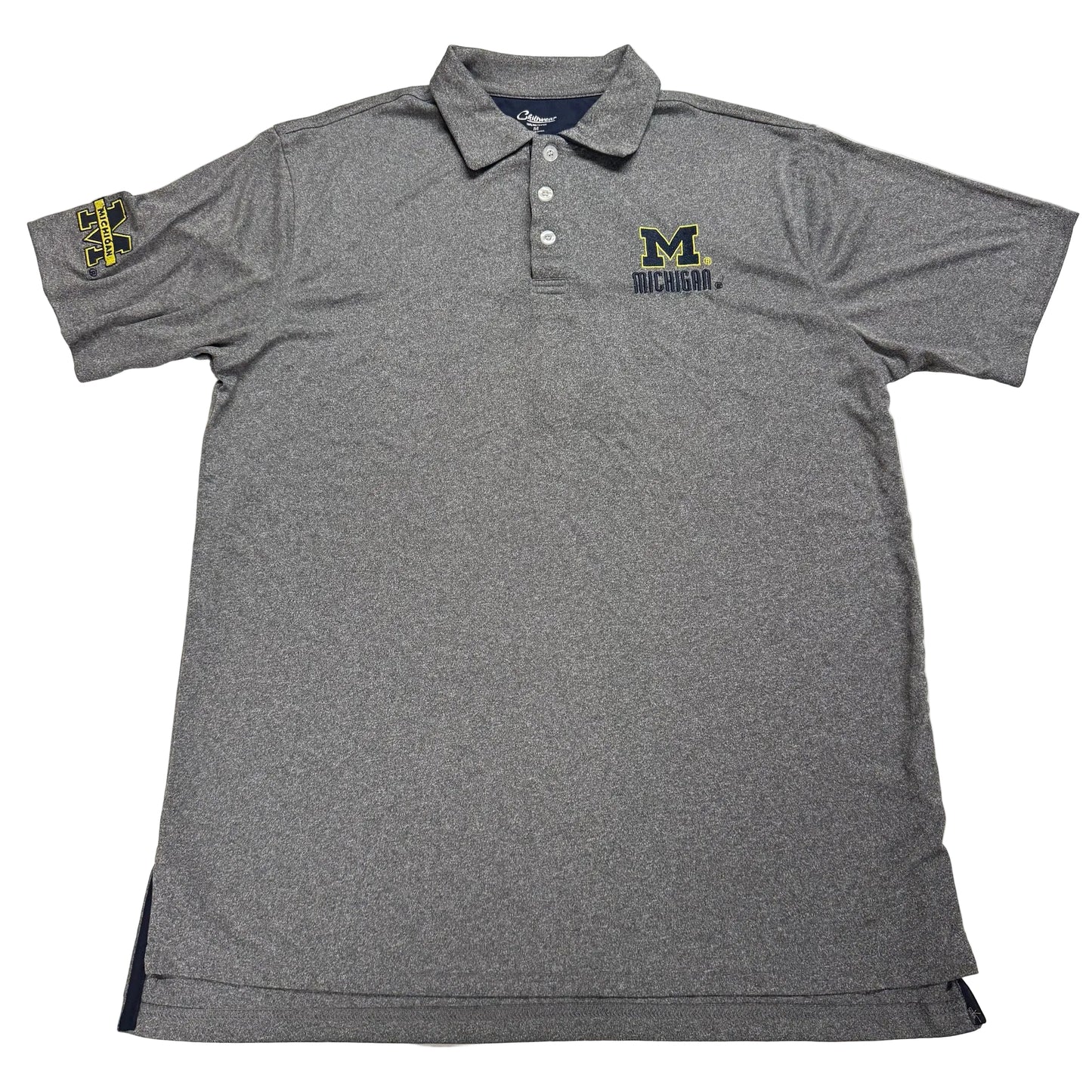 Gray polo shirt with Michigan logo on a white background