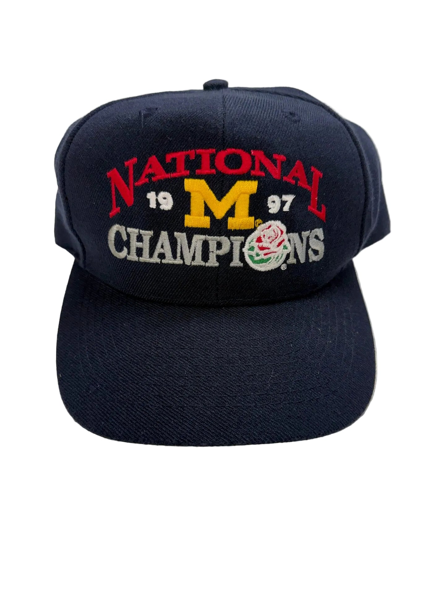 Navy blue cap with 'National Champions 1997' text and logo on a white surface