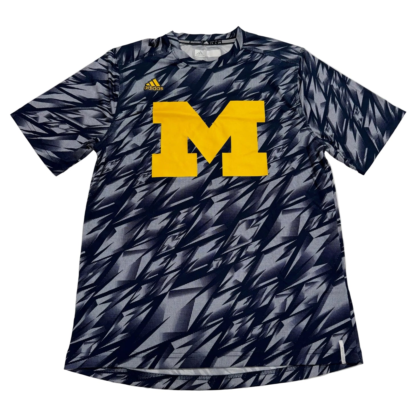 Navy athletic shirt with yellow 'M' logo and Adidas branding on a white background