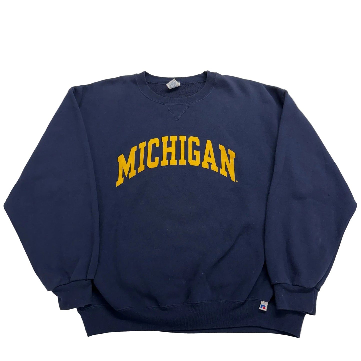 Navy blue sweatshirt with 'MICHIGAN' in yellow on a light gray background