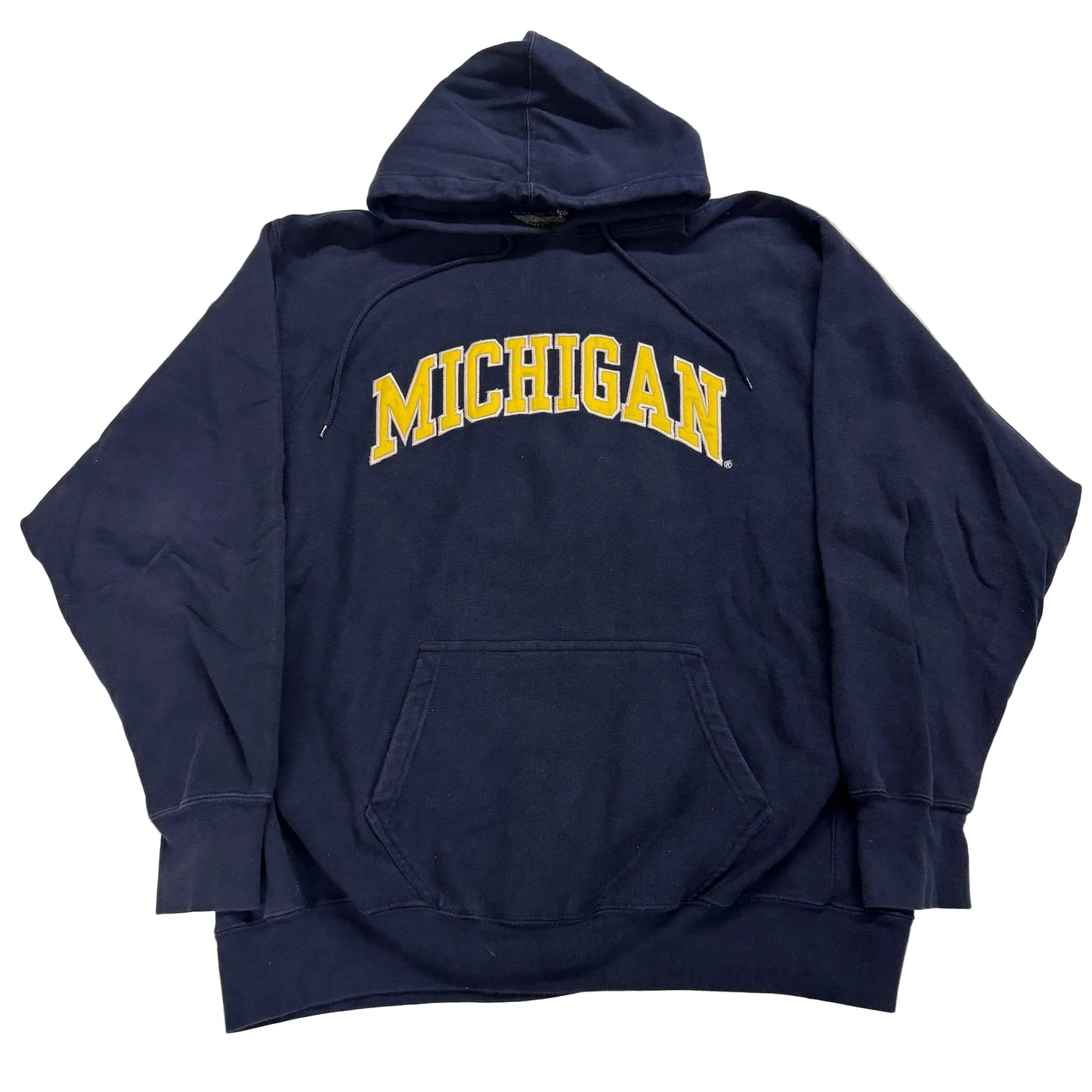 Navy blue hoodie with 'MICHIGAN' printed in yellow on a white background