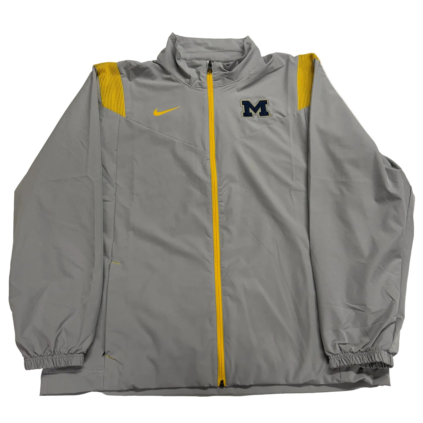 Gray jacket with yellow accents and a logo on a white background