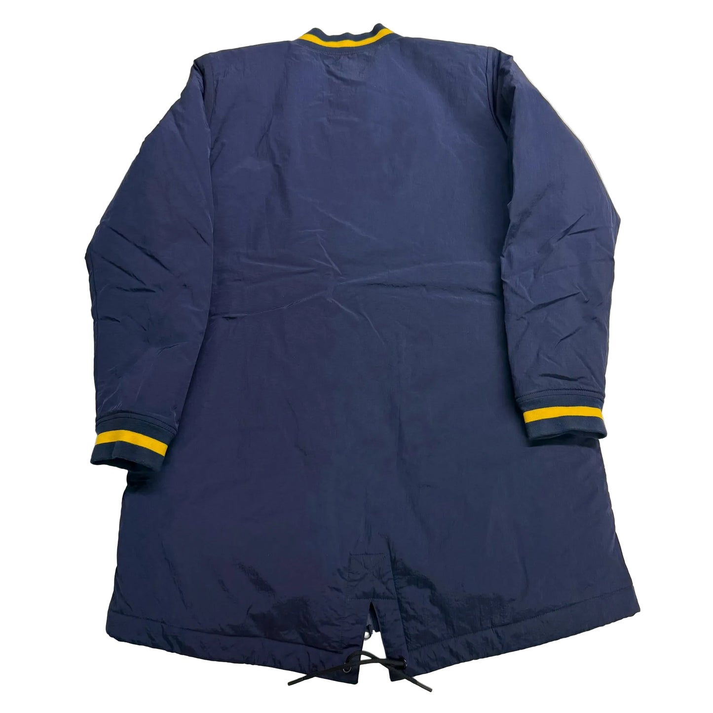 Blue snowsuit with yellow trim on a white background