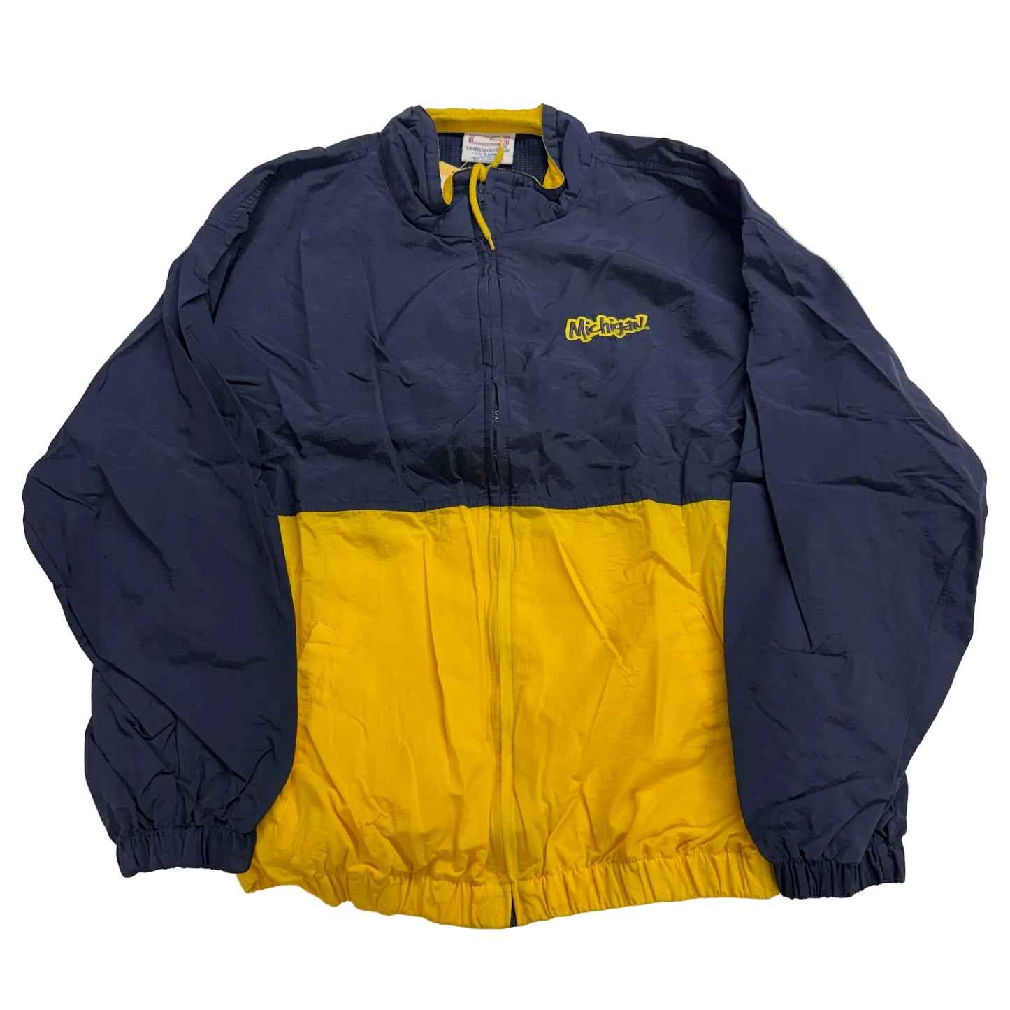 Navy and yellow jacket with a brand logo on a white background