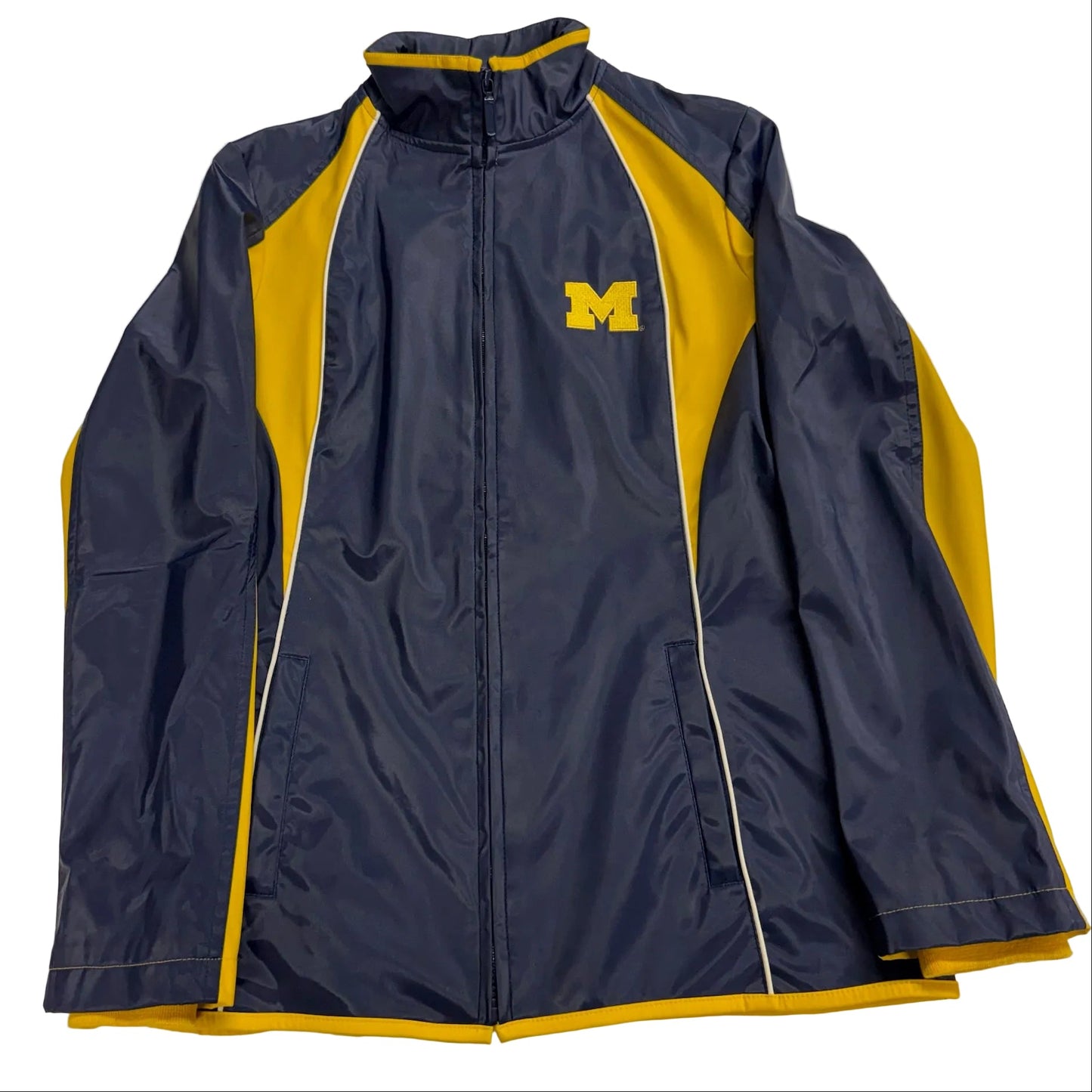 Navy and yellow jacket with a logo on a white background