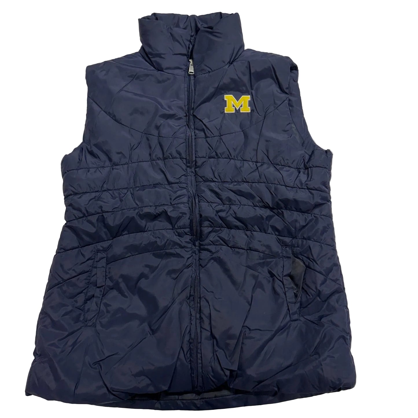 Navy blue puffer vest with a yellow logo on a light gray background