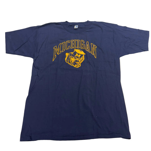 Blue t-shirt with 'Michigan' and a logo on a white background