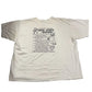 White t-shirt with text and graphics on a white surface