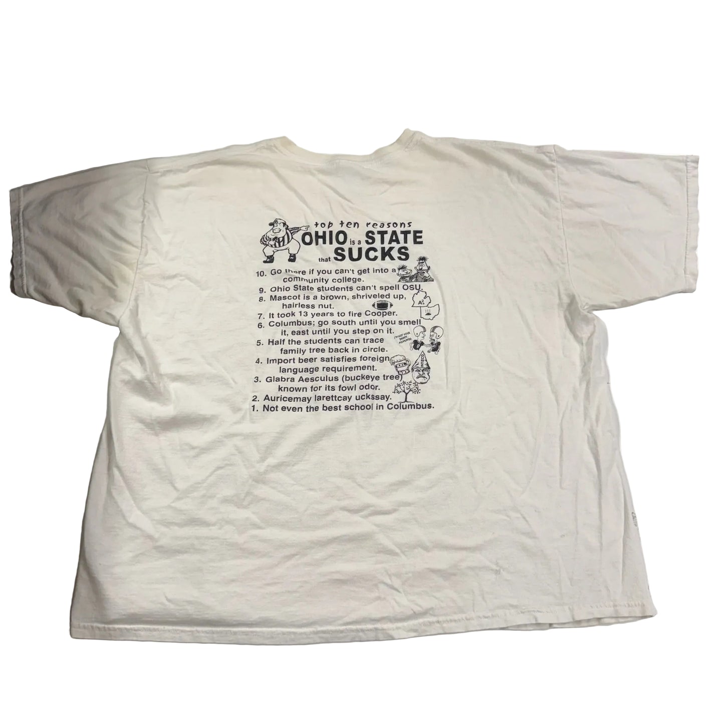 White t-shirt with text and graphics on a white surface