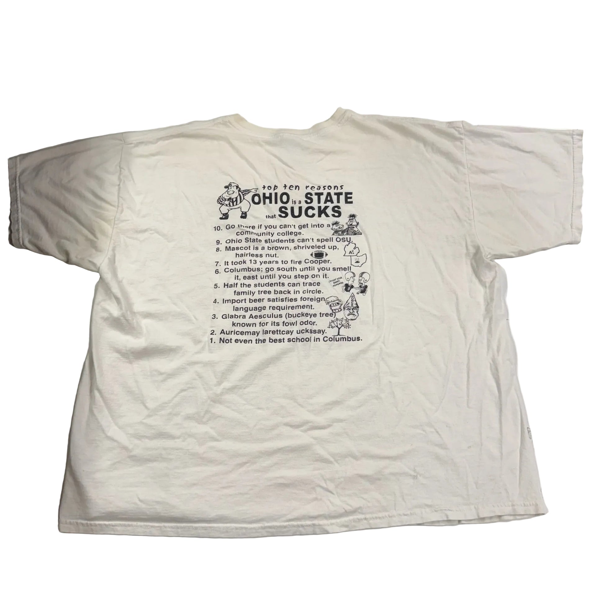 White t-shirt with text and graphics on a white surface