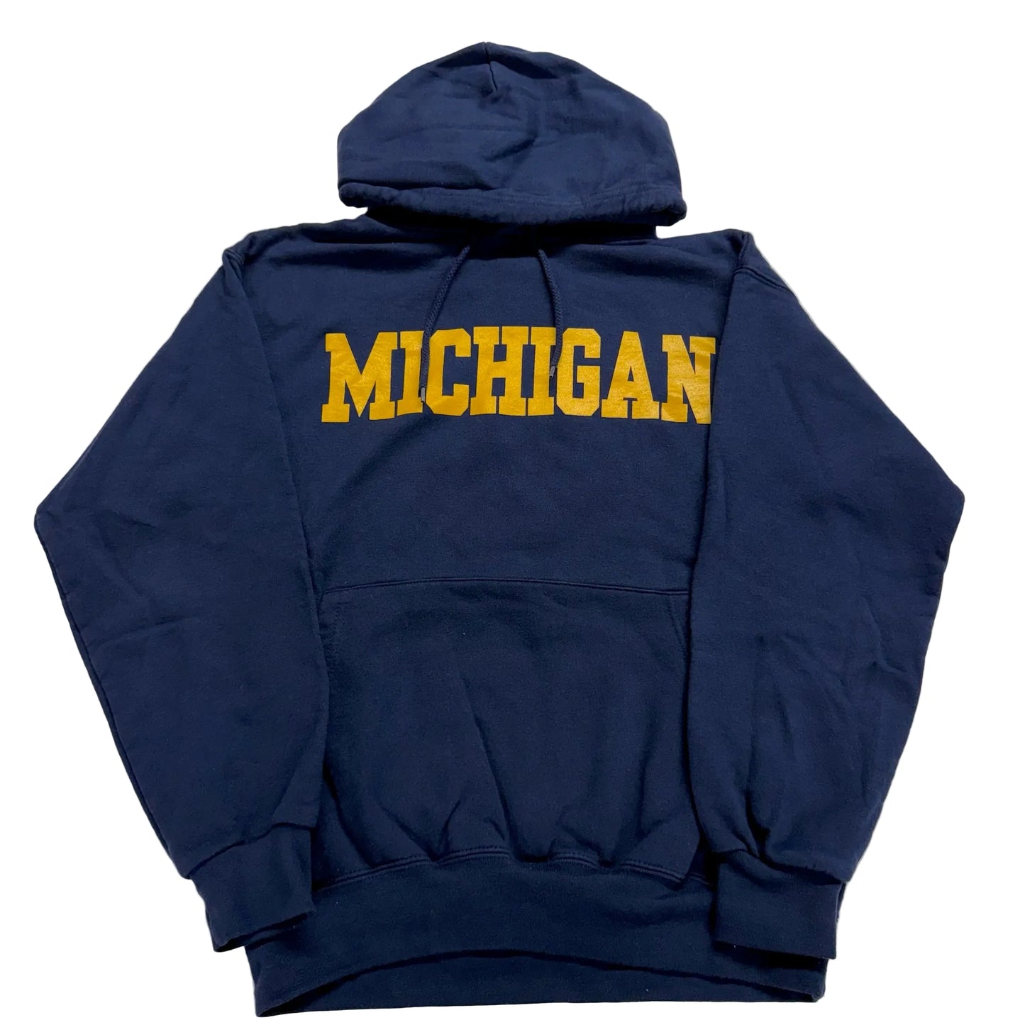 Navy blue hoodie with 'MICHIGAN' printed in yellow on a white background