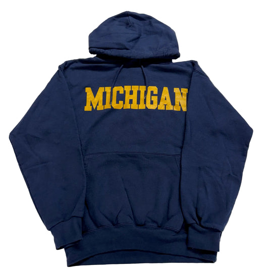 Navy blue hoodie with 'MICHIGAN' printed in yellow on a white background