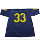 Blue sports jersey with yellow number 33 on a white surface