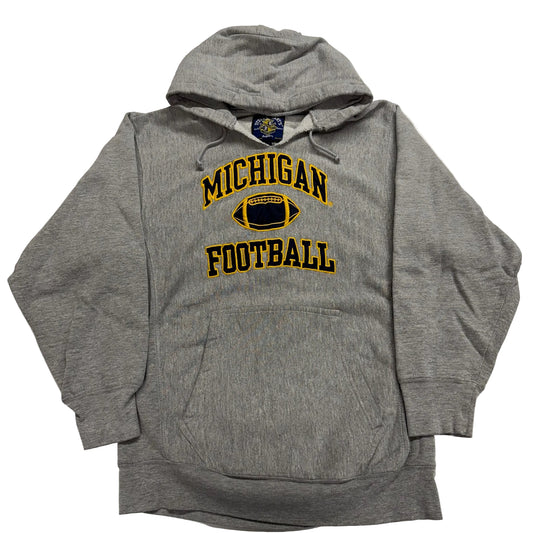 Gray hoodie with 'Michigan Football' text on a white background