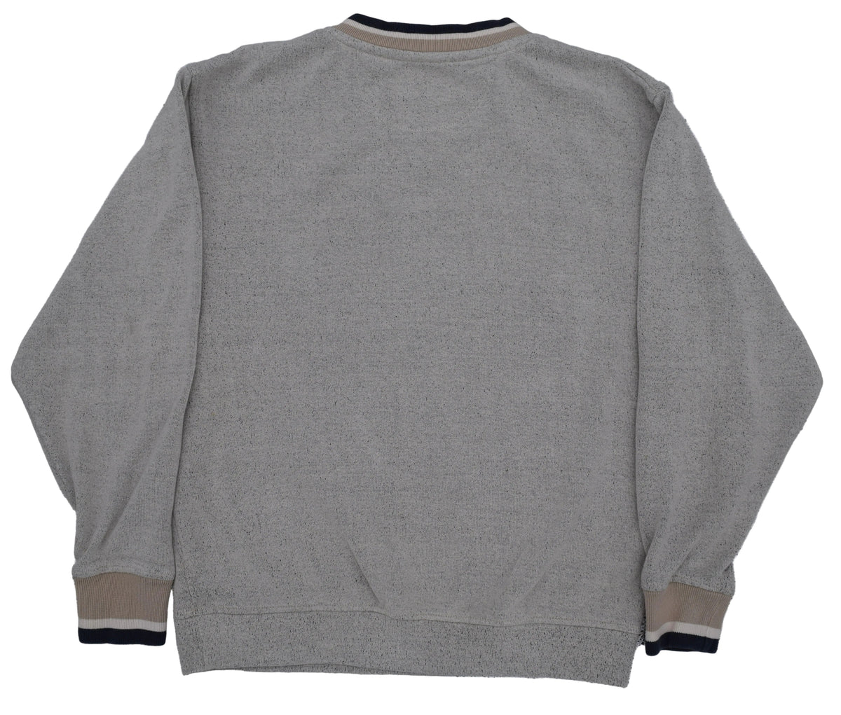 Back of a University of Michigan gray crewneck sweater, featuring beige ribbed trim at the collar and cuffs with dark navy stripes.