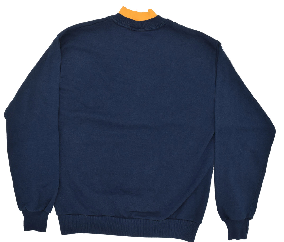 University of Michigan embroidered 'Tournament of Roses' navy blue crewneck sweatshirt shown from the back. The collar has a contrasting yellow inner lining.