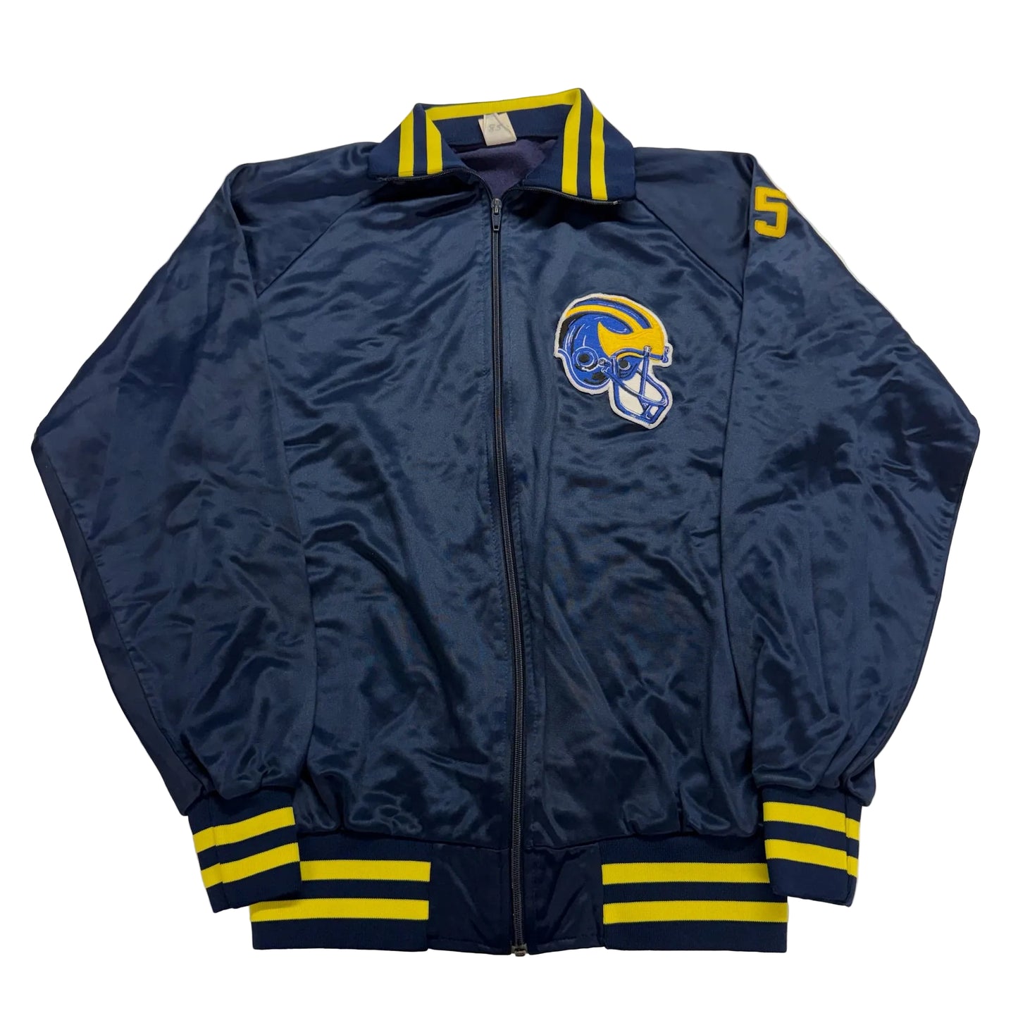 Navy blue jacket with yellow accents and a logo on a white background