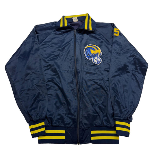 Navy blue jacket with yellow accents and a logo on a white background
