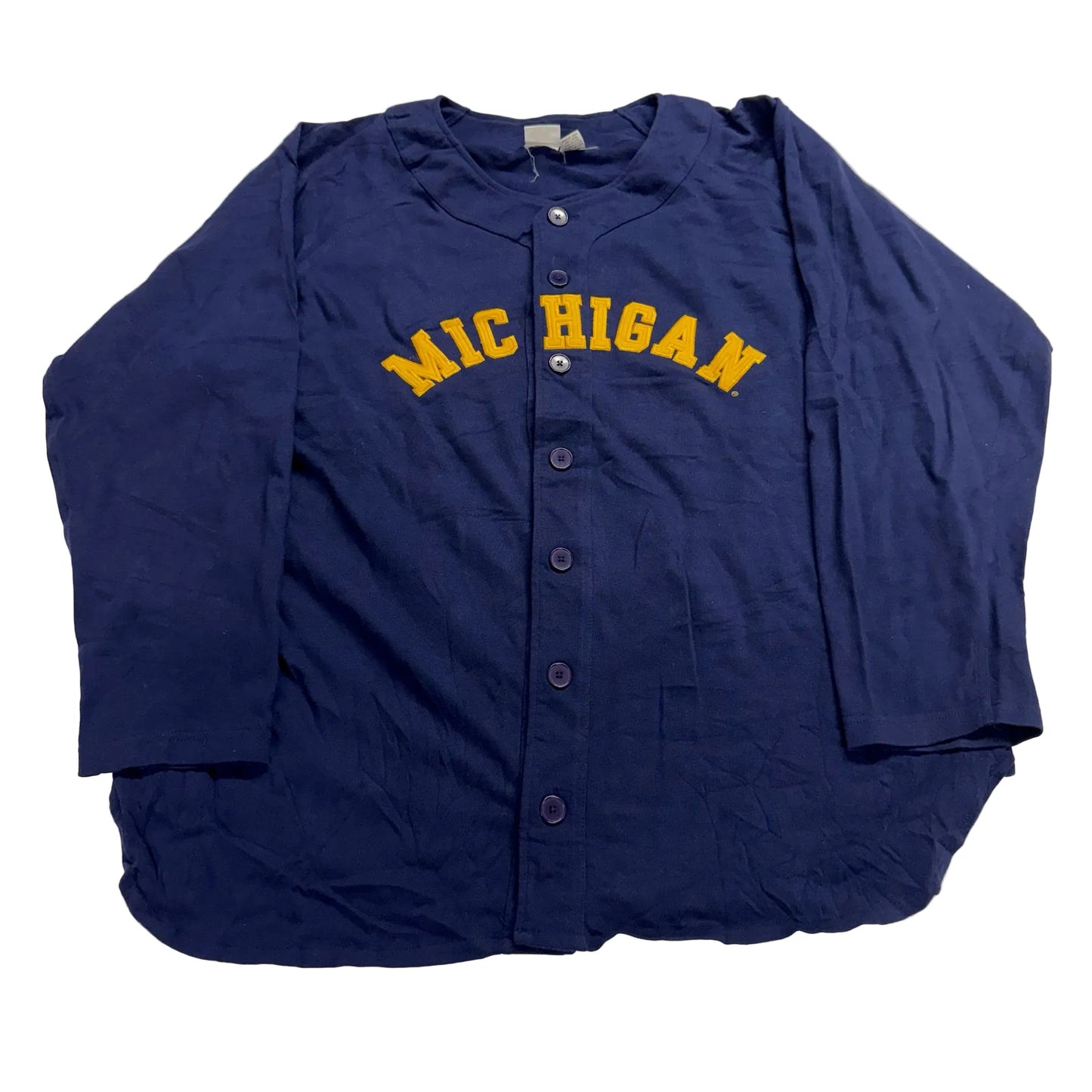 Blue baseball jersey with 'Michigan' printed on it, laid flat on a white surface.