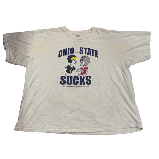 White t-shirt with 'Ohio State Sucks' graphic on a white surface
