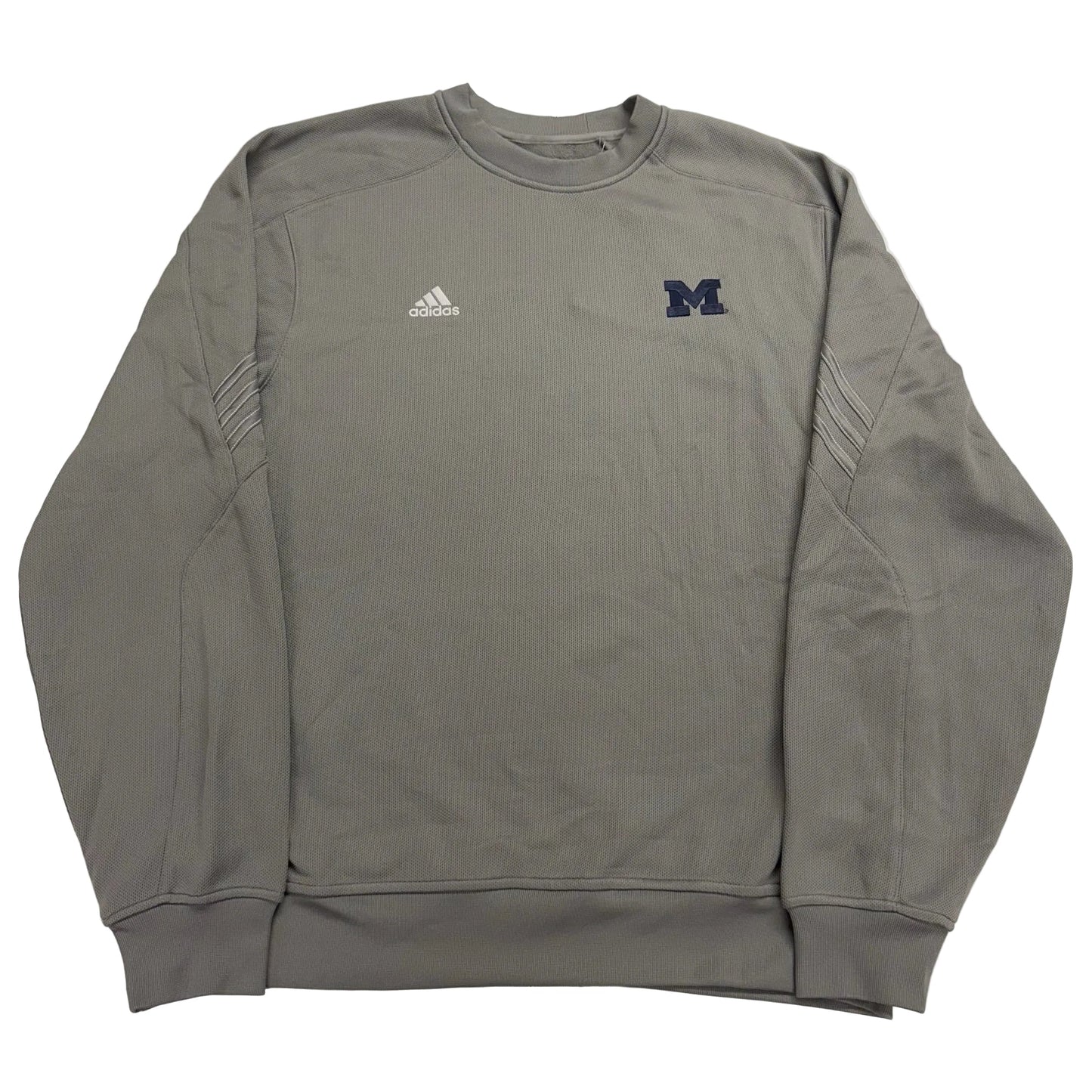 Gray sweatshirt with Adidas logo and Michigan letter 'M' on a white background