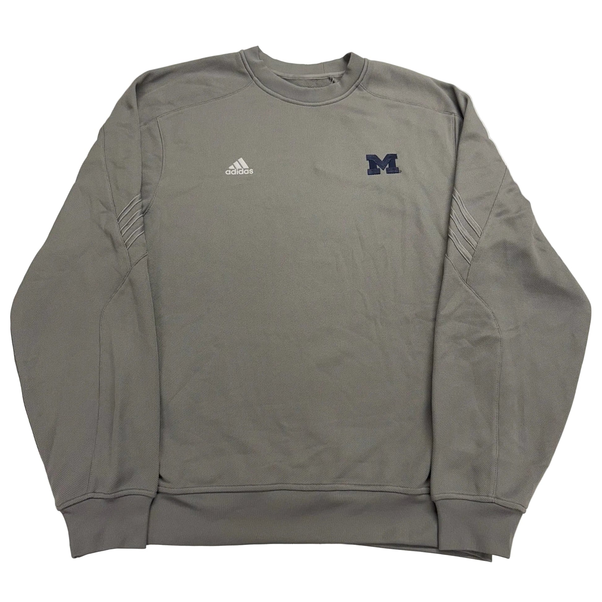 Gray sweatshirt with Adidas logo and Michigan letter 'M' on a white background