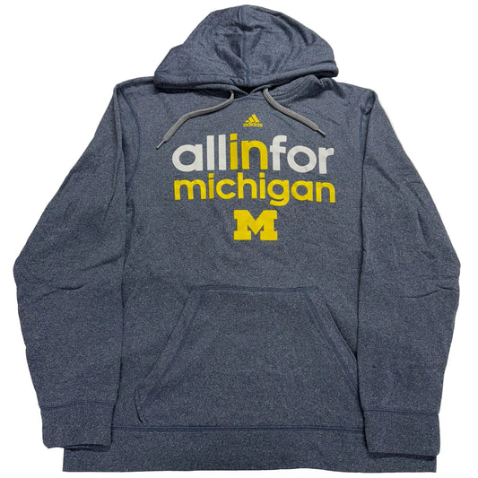 Blue hoodie with 'all in for Michigan' text and Adidas logo on a white background