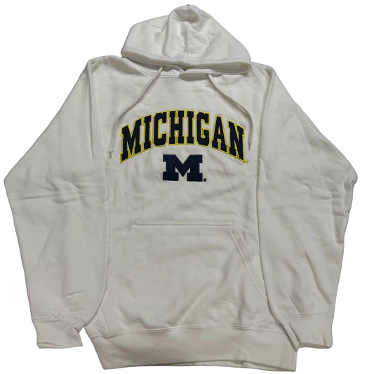 White hoodie with 'Michigan' text and logo on a white background