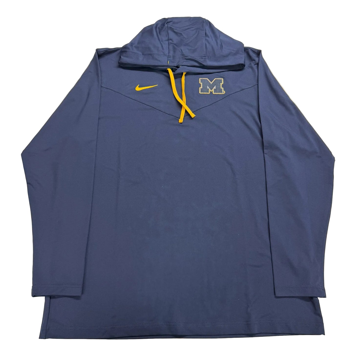 Blue jacket with yellow drawstrings and logo on a beige background