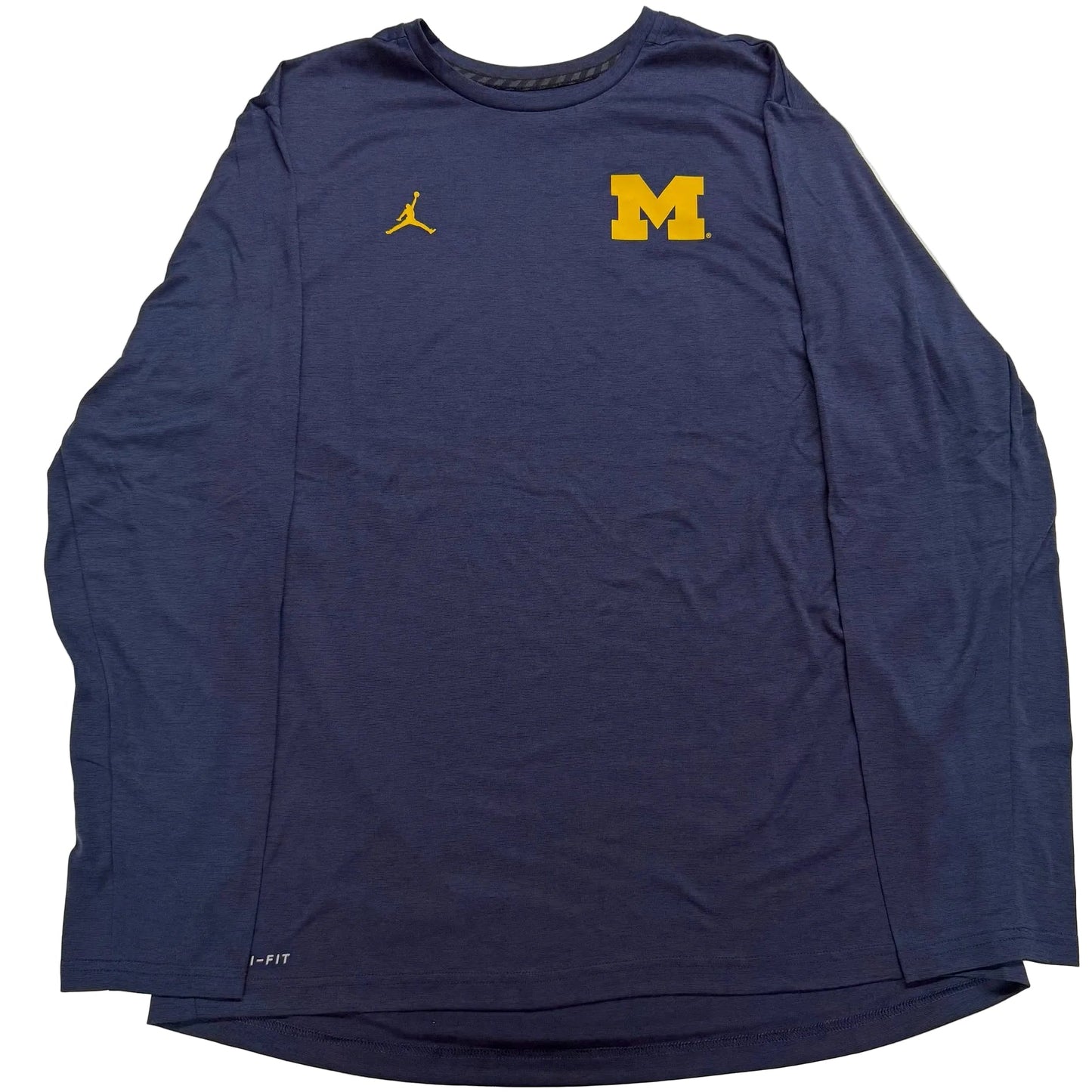 Blue long-sleeve shirt with Jordan and Michigan logos on a white background