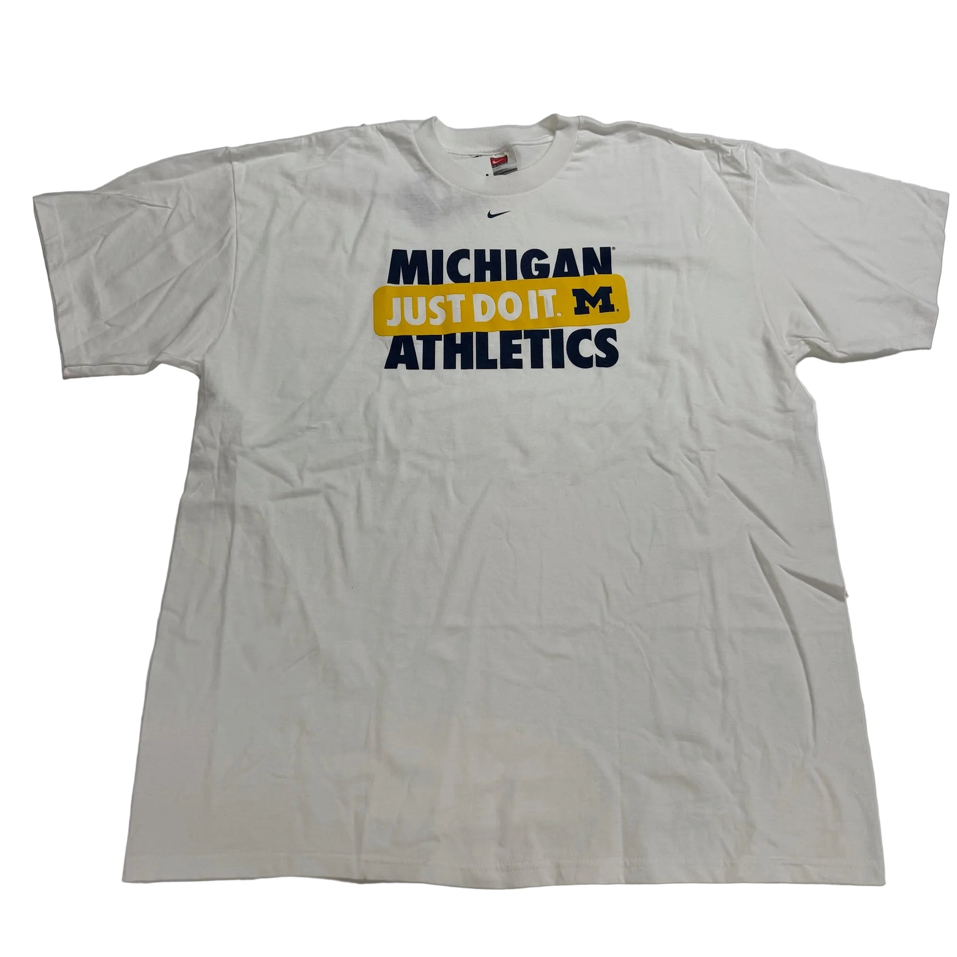 White t-shirt with Michigan Athletics text on a white background