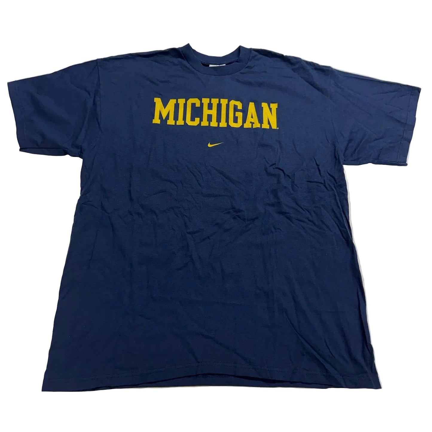 Blue t-shirt with 'MICHIGAN' printed in yellow on a white background