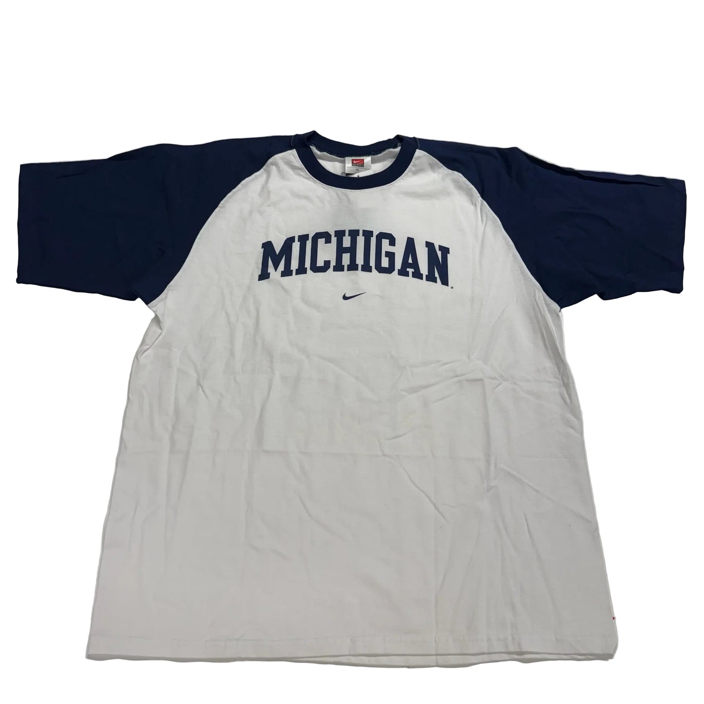 White and navy baseball shirt with 'Michigan' text on a white background