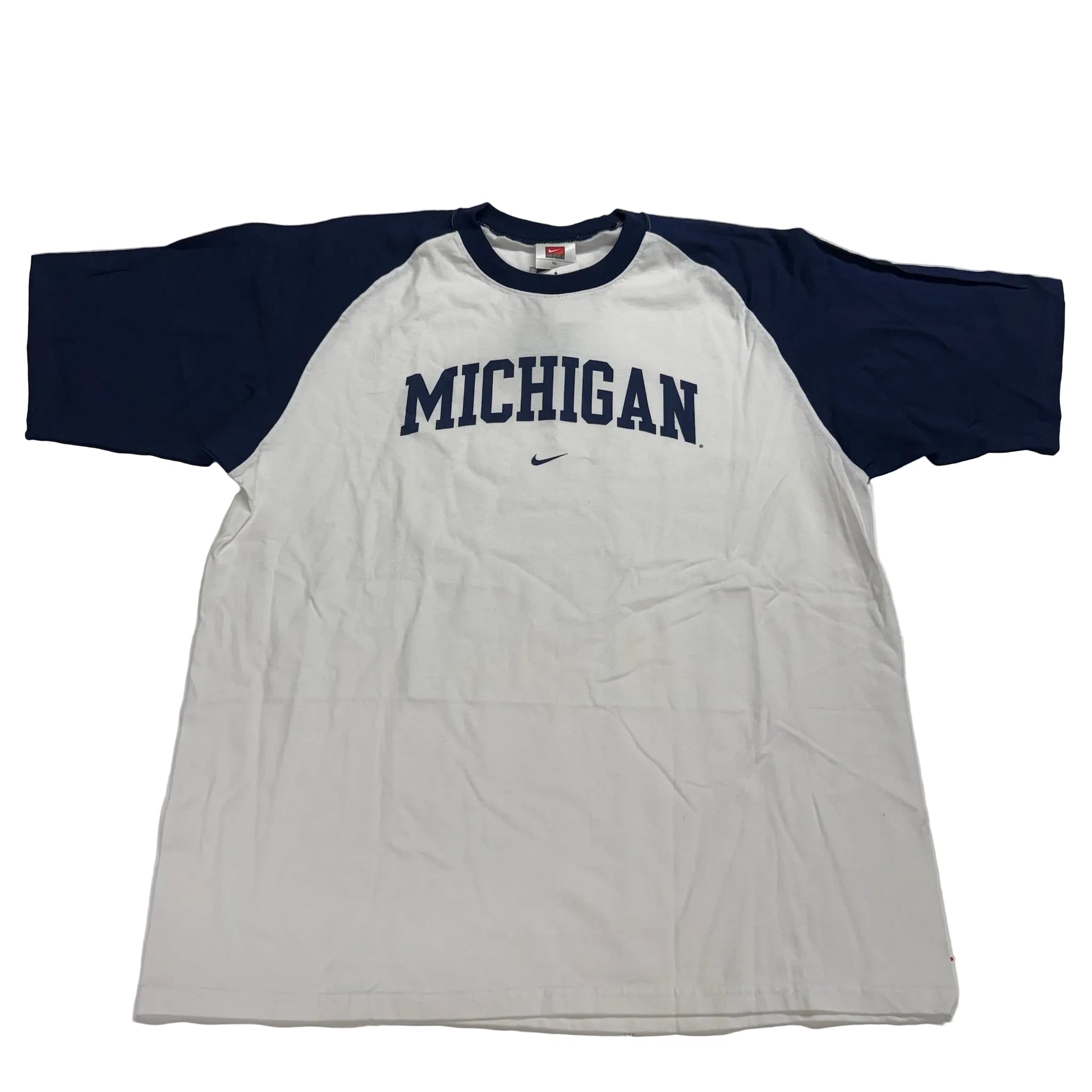 White and navy baseball shirt with 'Michigan' text on a white background