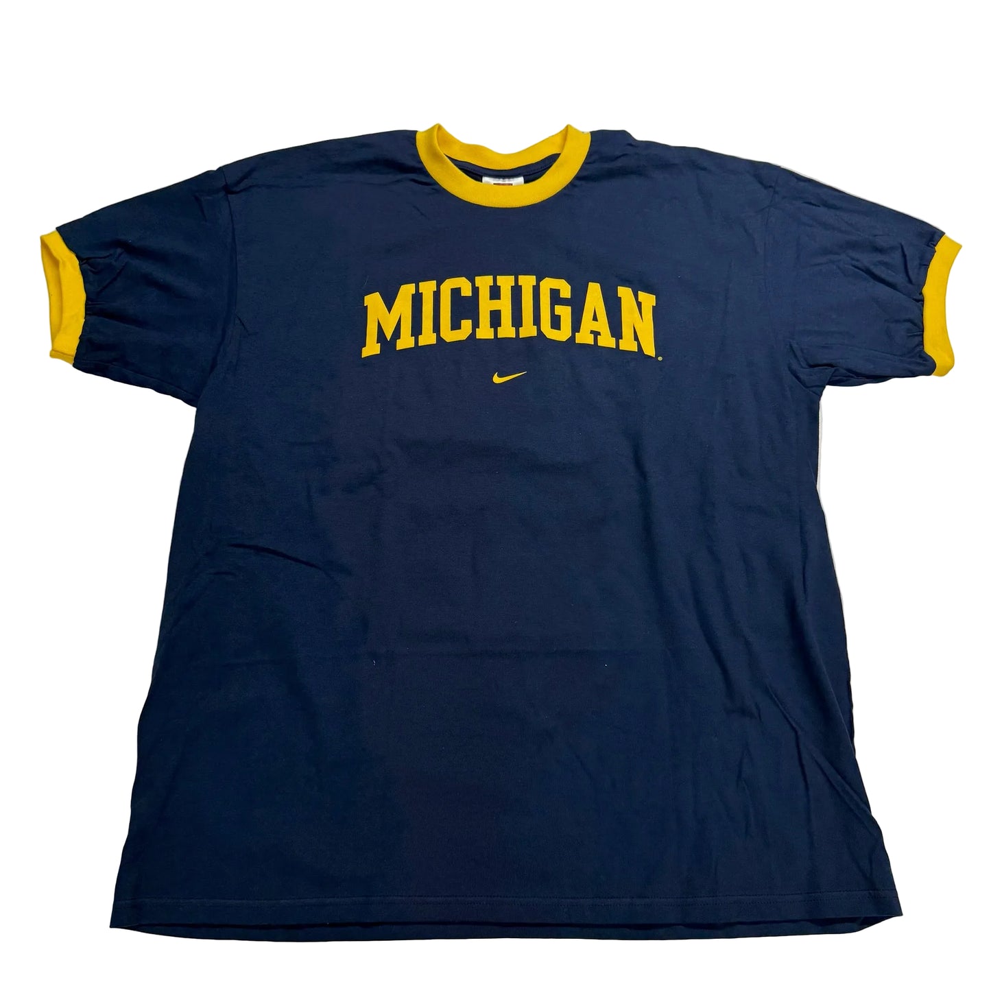 Navy blue t-shirt with 'MICHIGAN' in yellow on a white background
