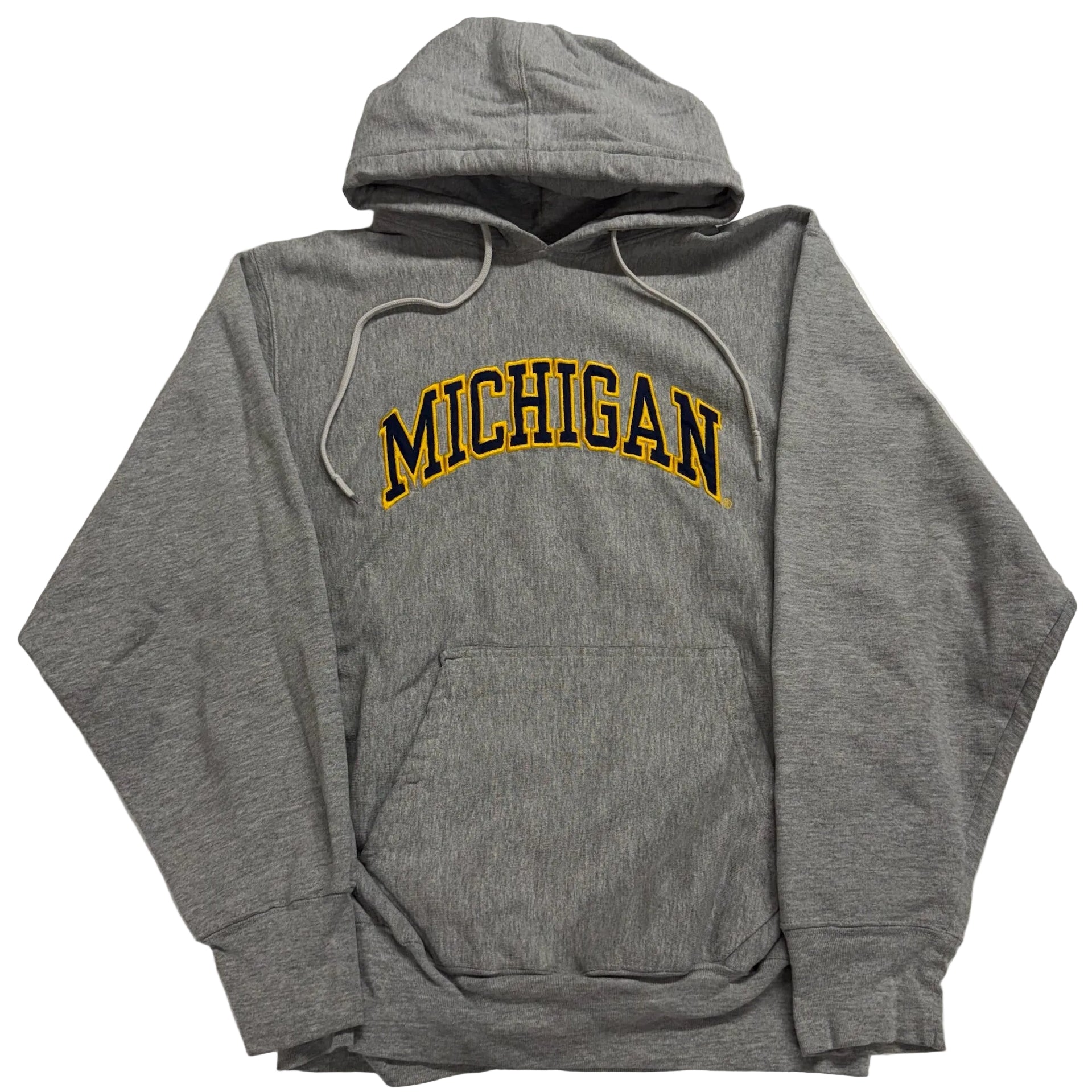 Gray hoodie with 'MICHIGAN' printed in yellow on a white background