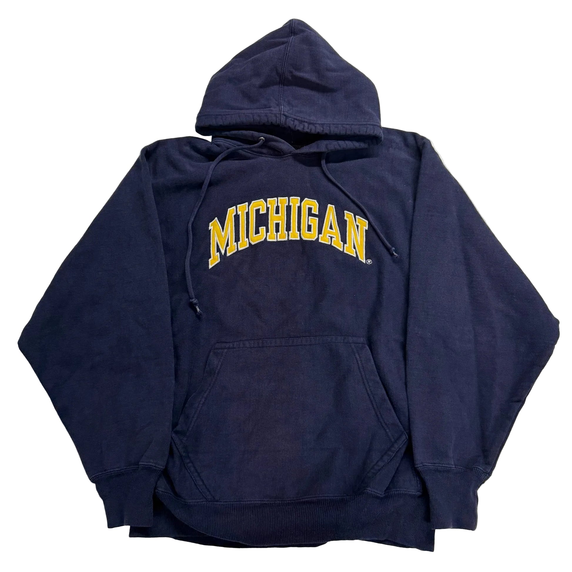 Navy blue hoodie with 'MICHIGAN' printed in yellow on a white background