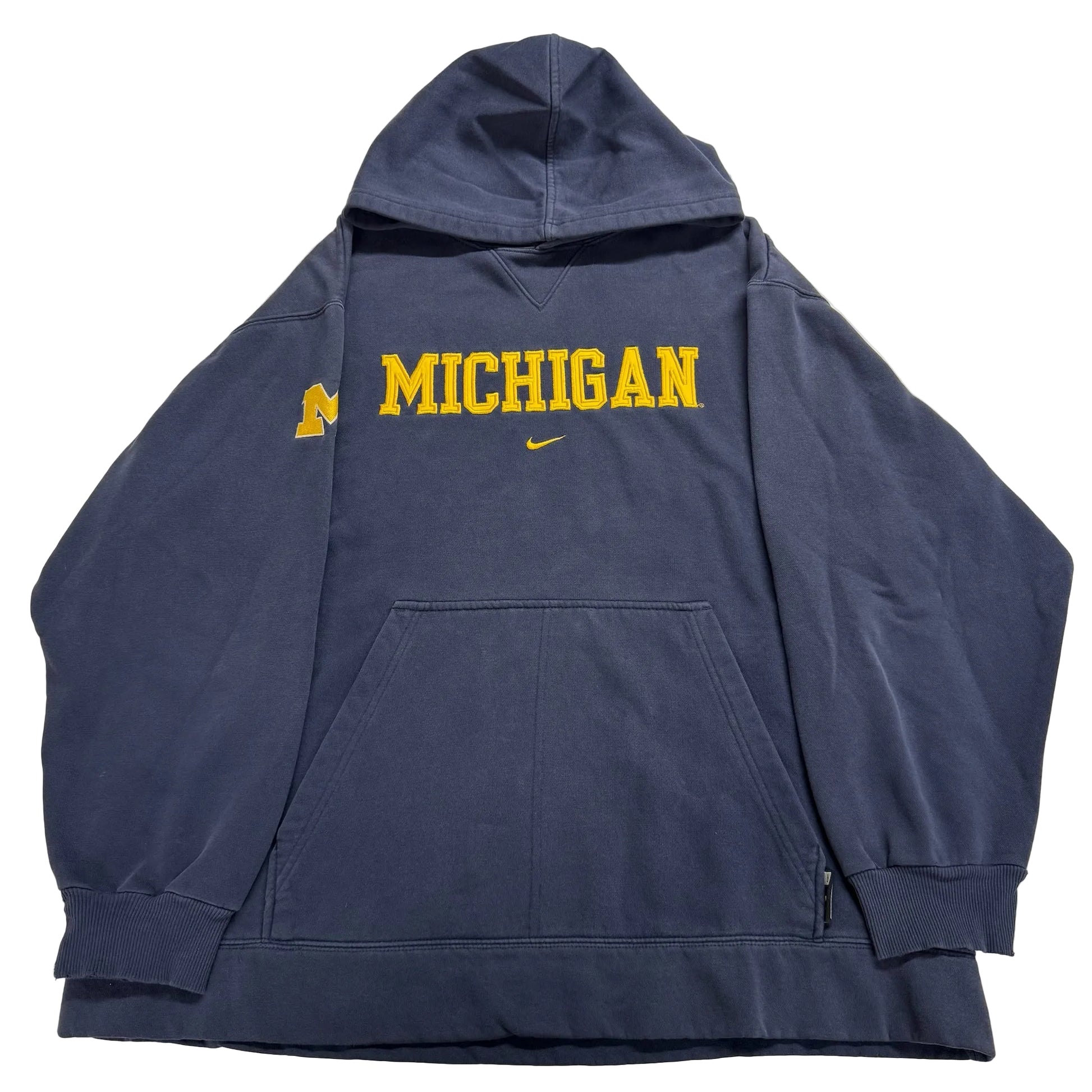 Navy blue hoodie with 'Michigan' text on a white background