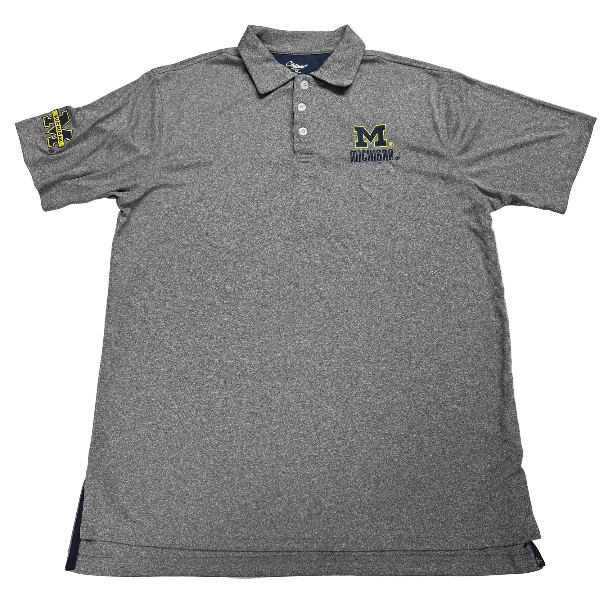 Gray polo shirt with Michigan logo on a white background