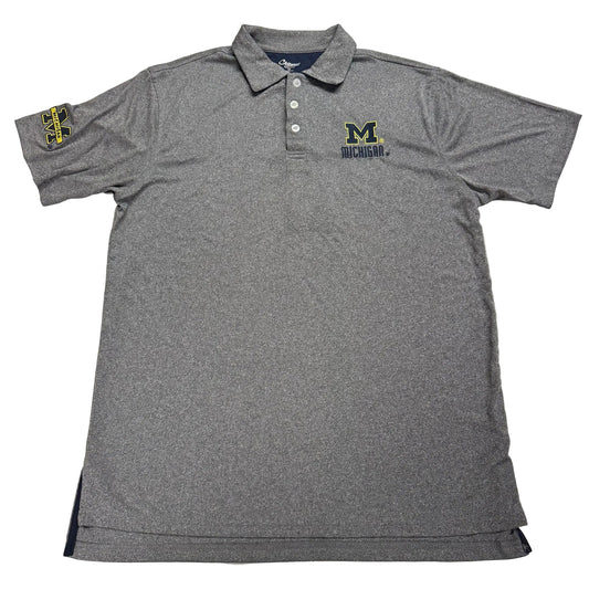 Gray polo shirt with Michigan logo on a white background