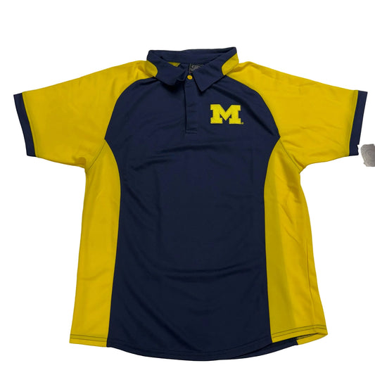Navy and yellow polo shirt with a logo on a white background