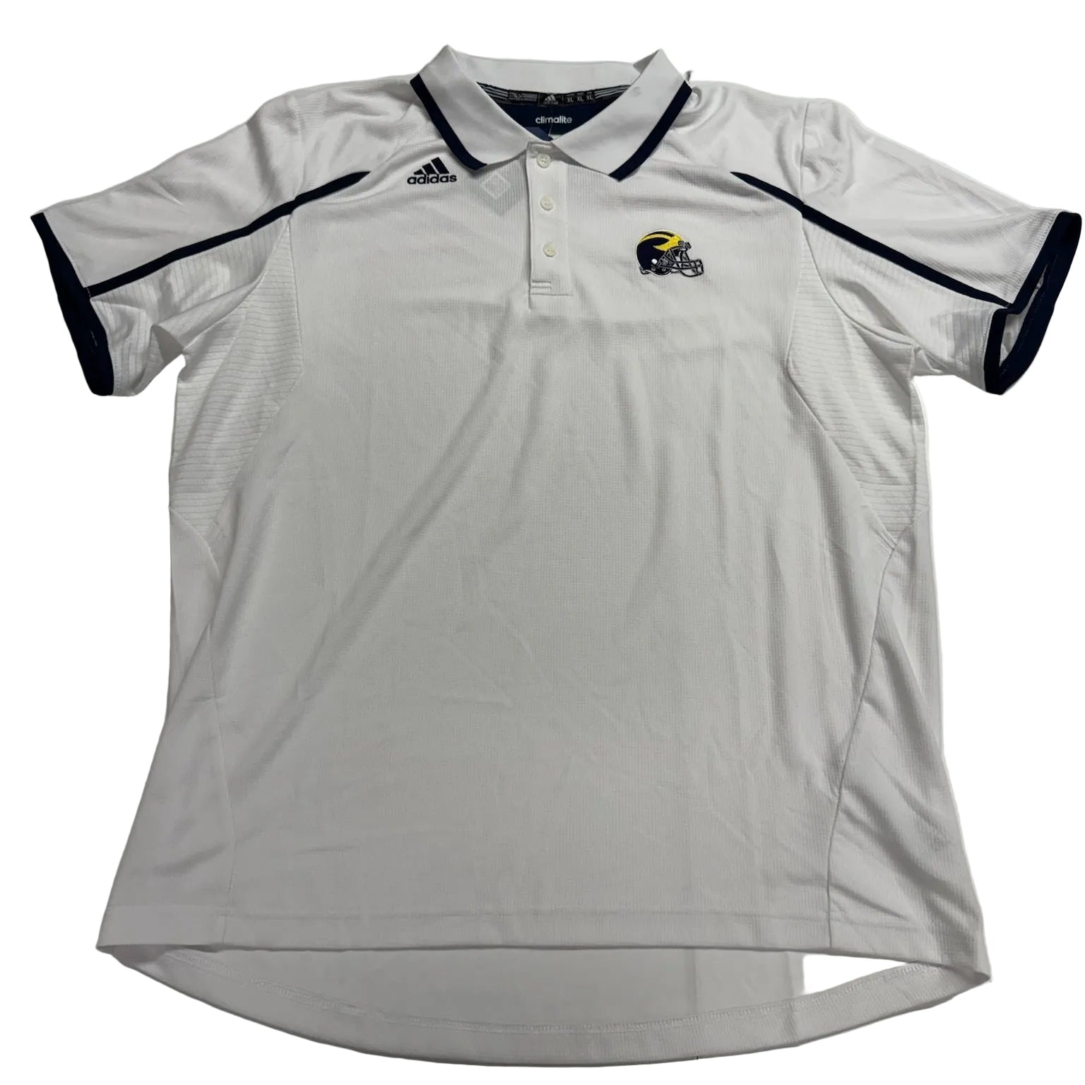 White polo shirt with black accents and a logo on a white background