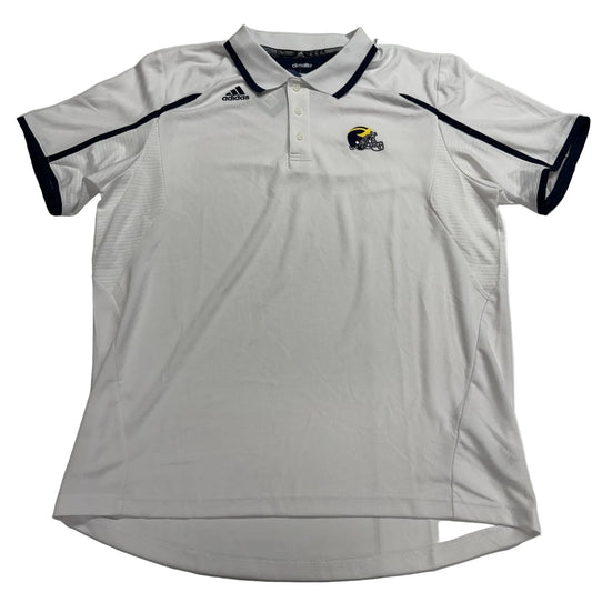 White polo shirt with black accents and a logo on a white background