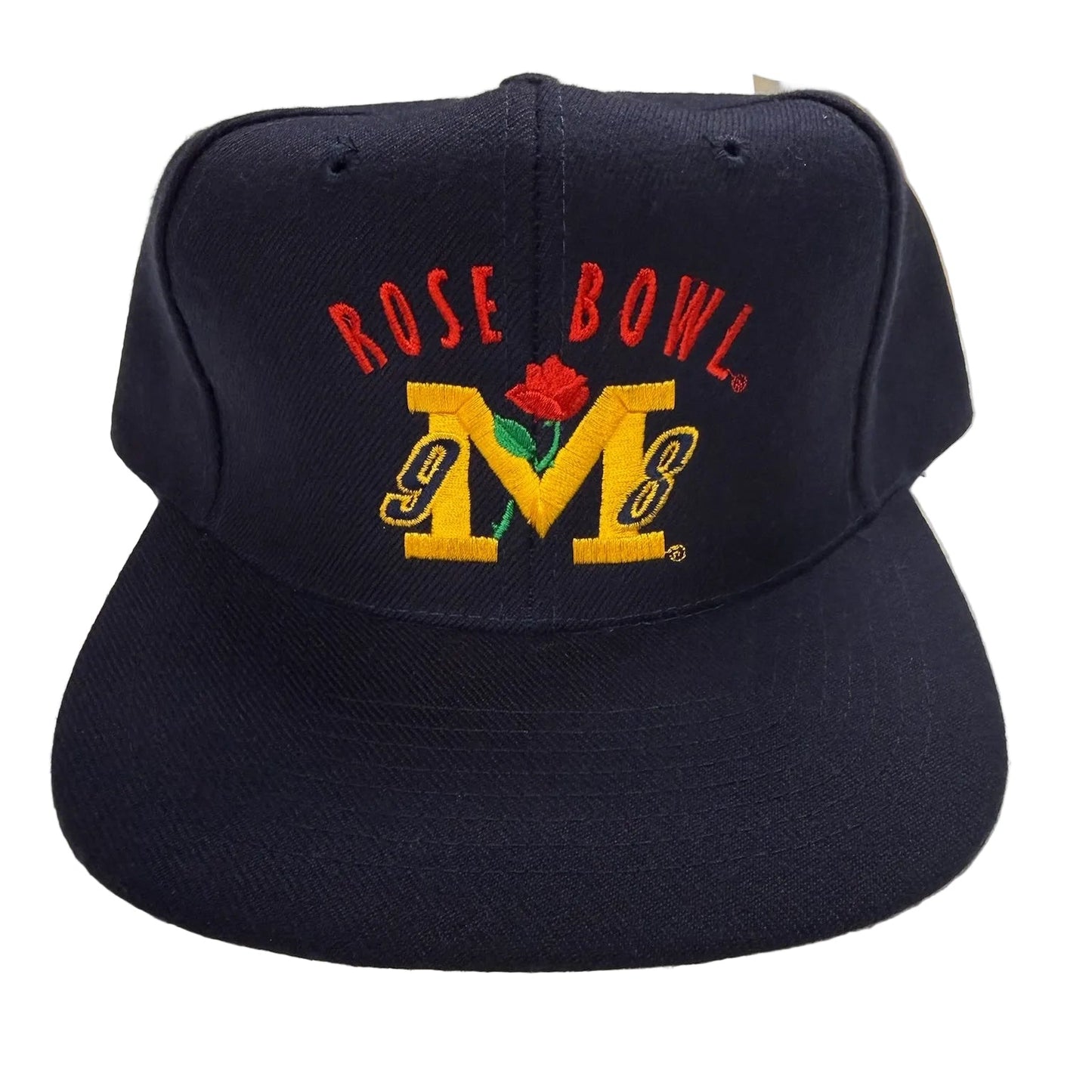Black cap with 'Rose Bowl' and 'M' logo on a white background