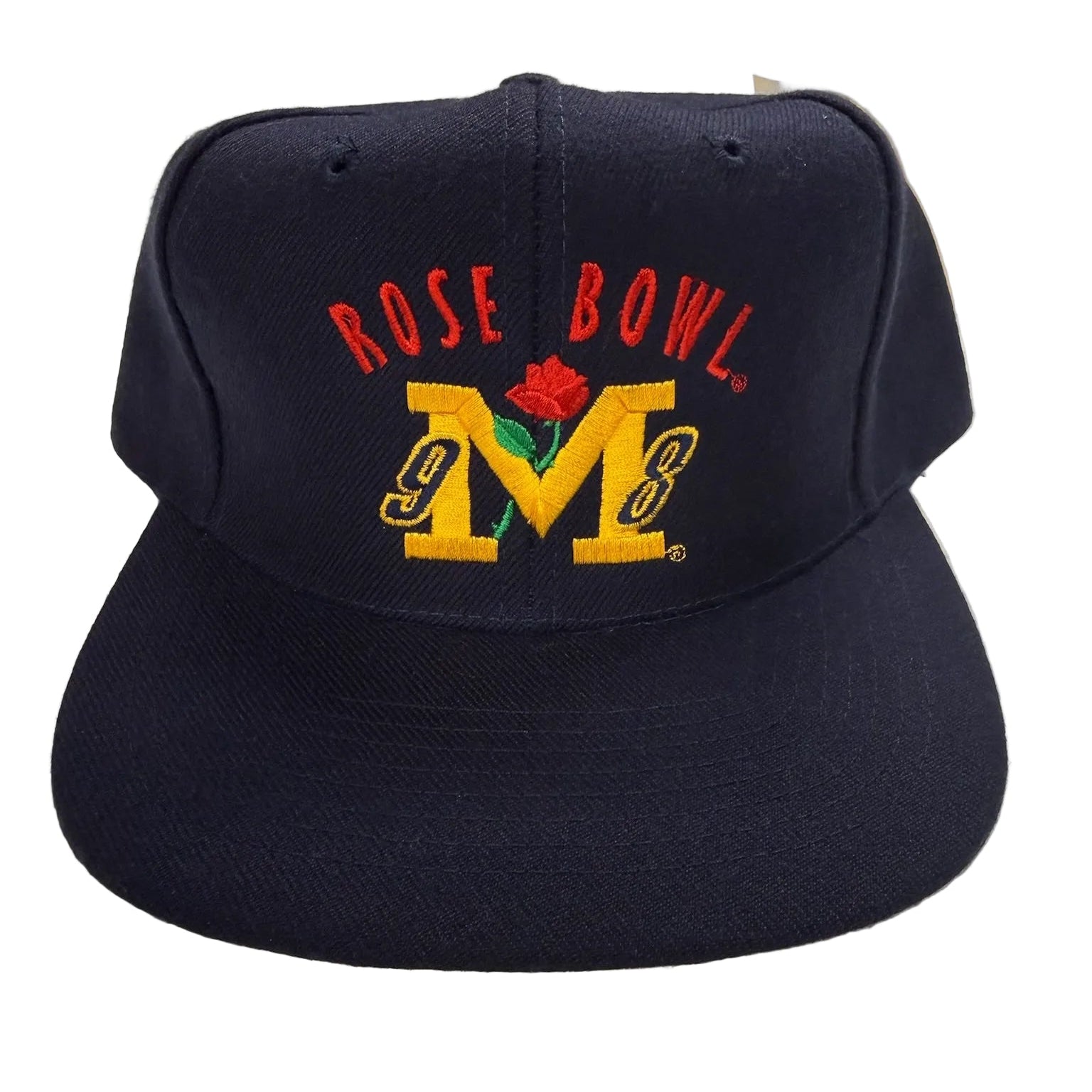 Black cap with 'Rose Bowl' and 'M' logo on a white background