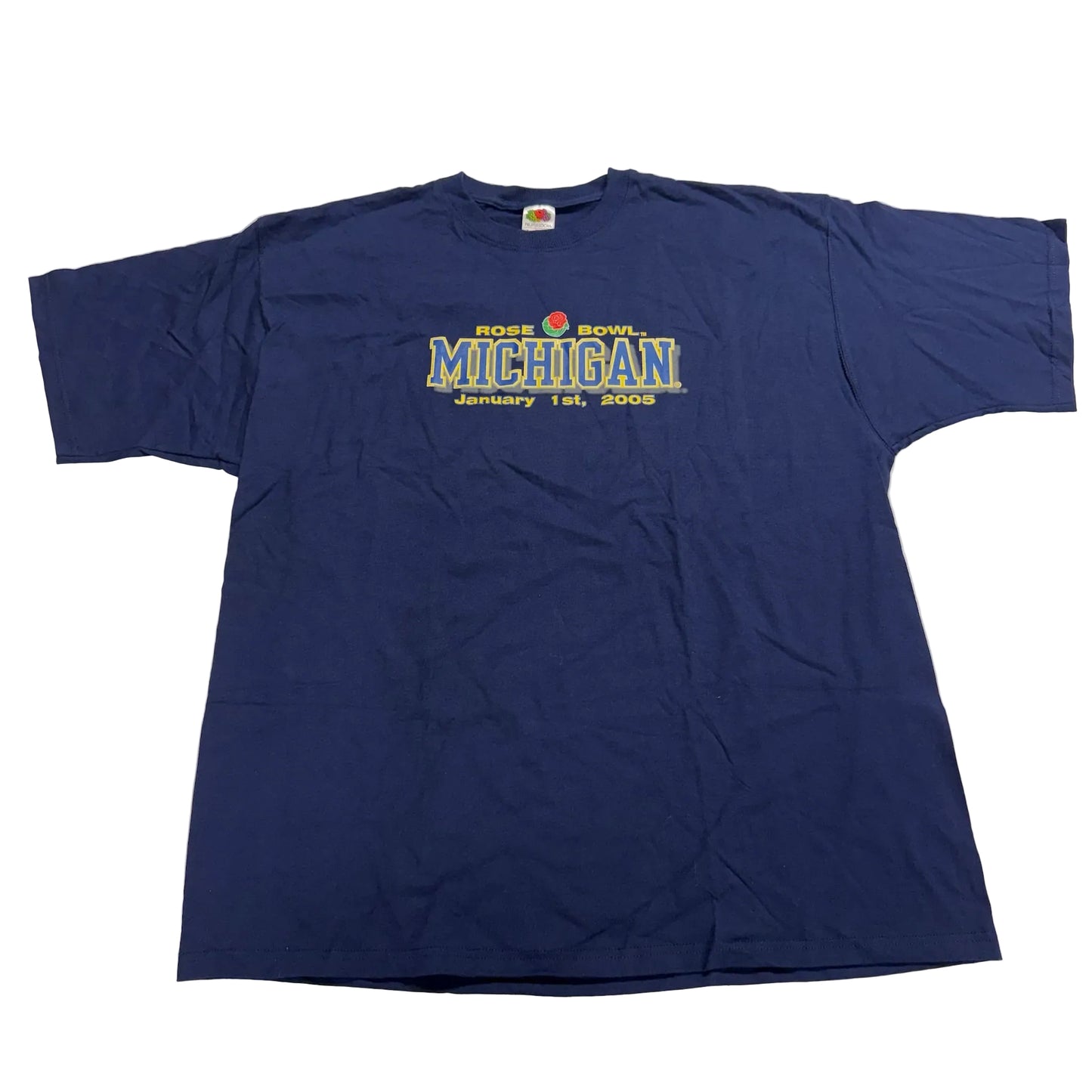 Blue t-shirt with 'Rose Bowl Michigan' text on a white background