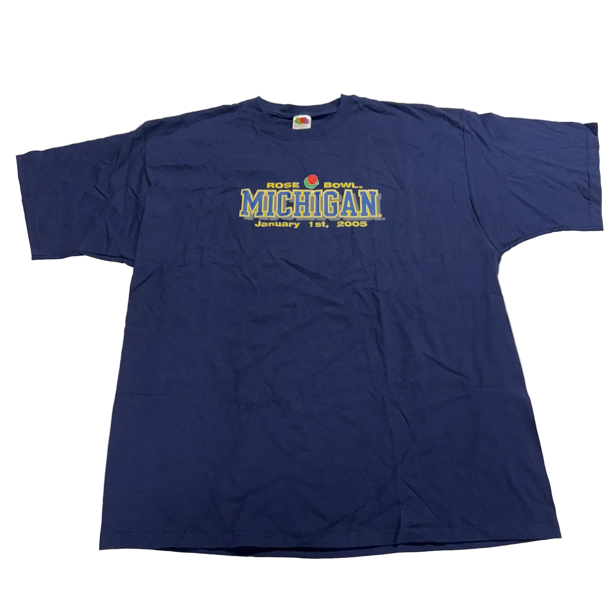 Blue t-shirt with 'Rose Bowl Michigan' text on a white background